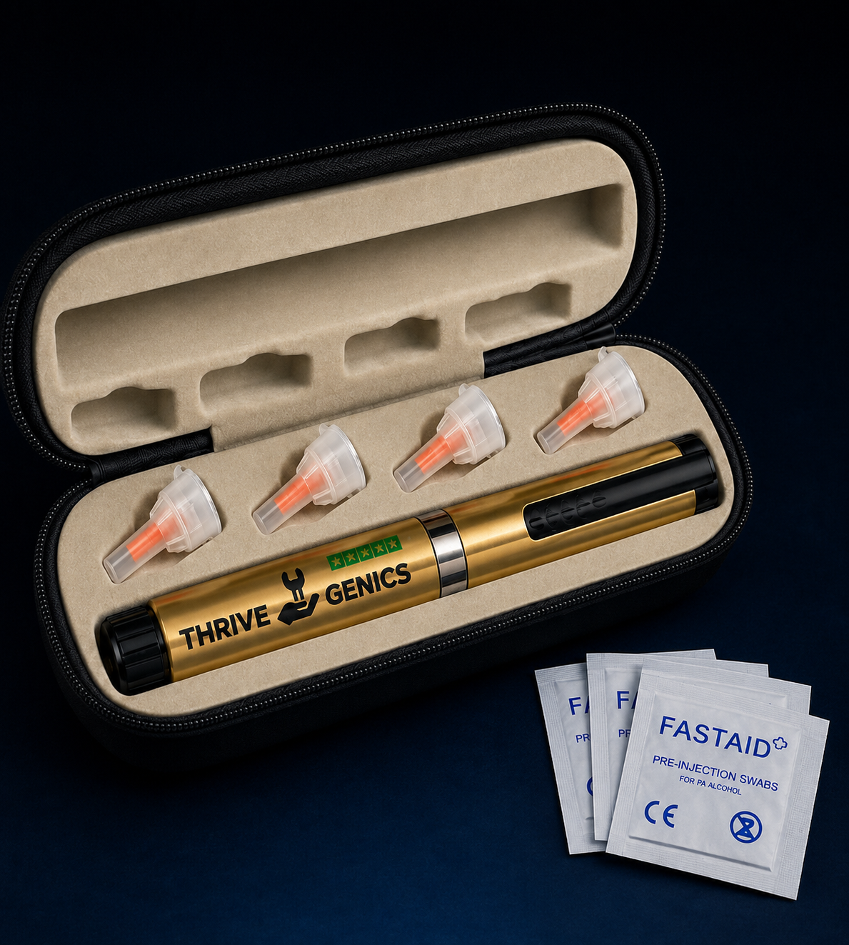 Pen case with pen, needles and swabs